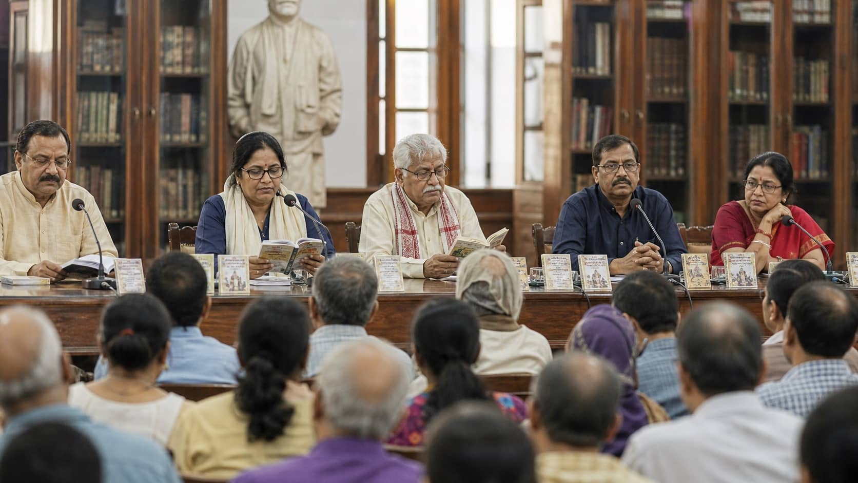 Bhojpuri writers seated at a literary ceremony inside the Government Library in Varanasi