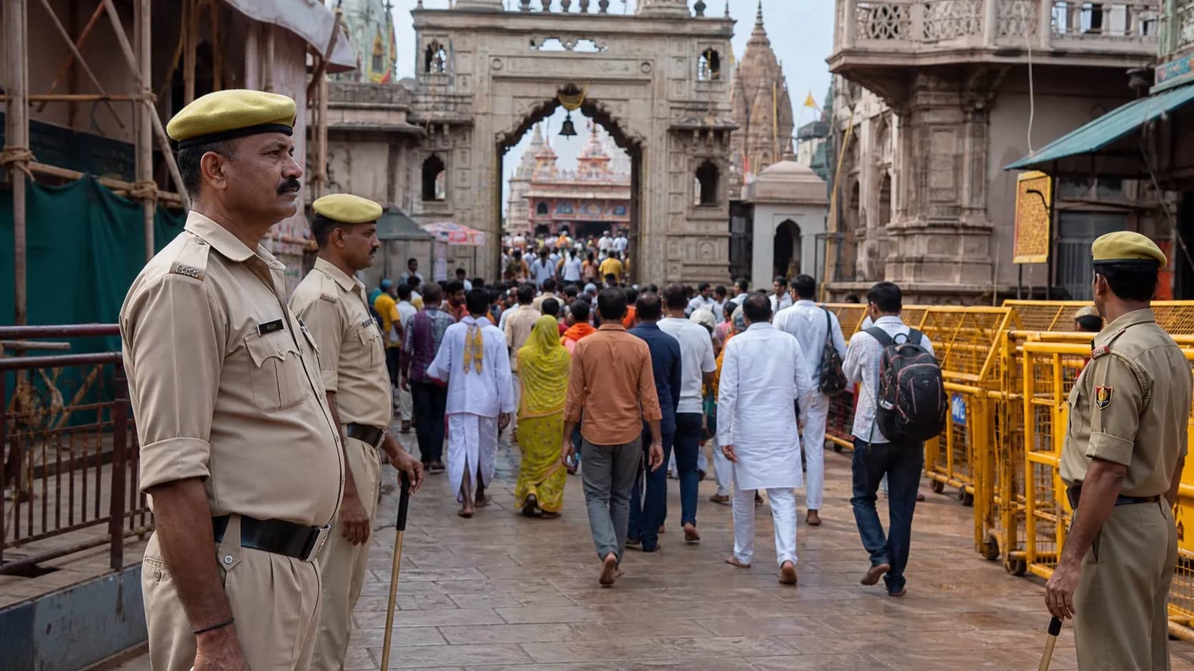 Police personnel monitoring the pedestrian lane near Gate 4 of Kashi Vishwanath temple in Varanasi