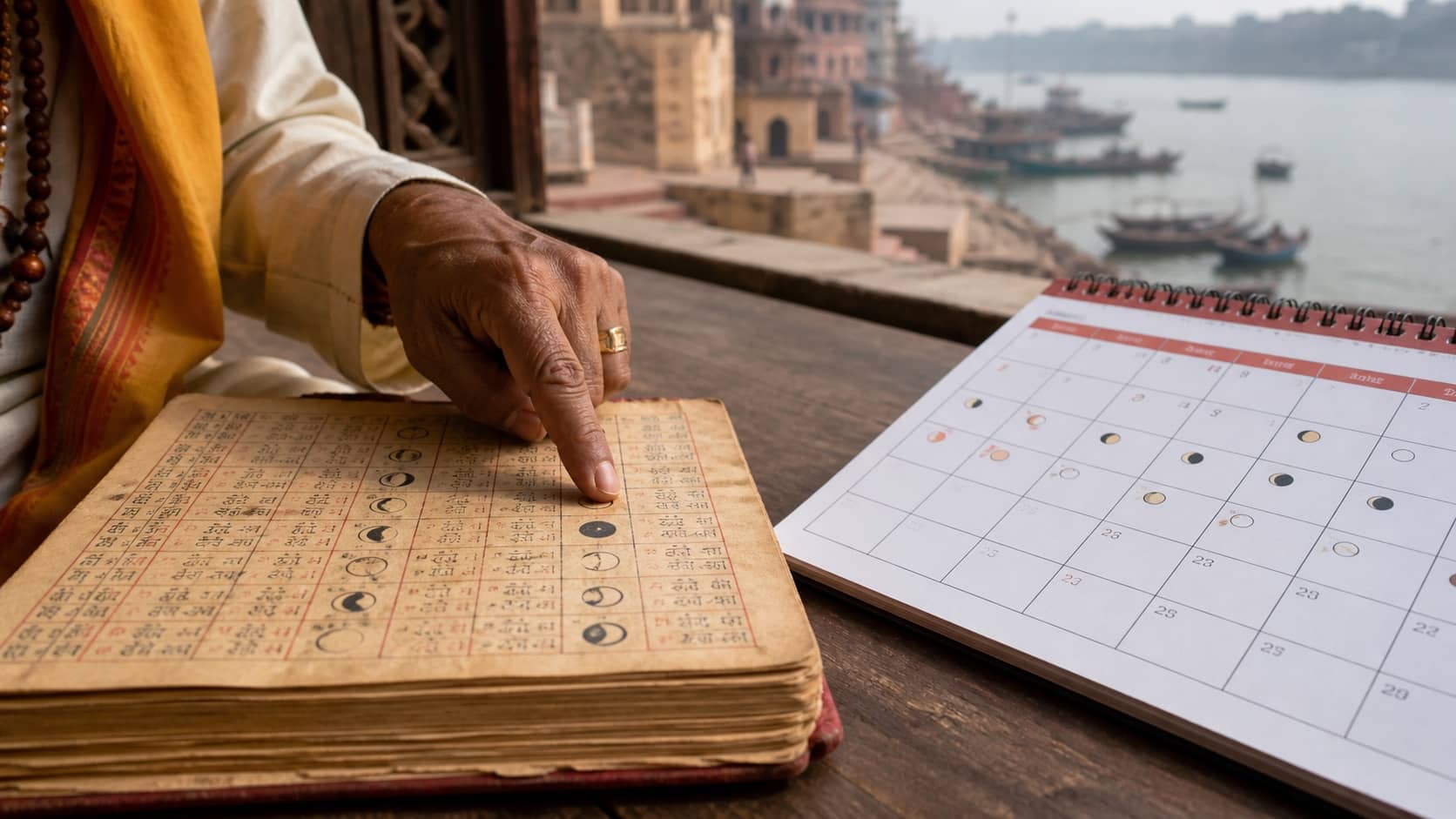 Traditional Hindu panchang and modern wall calendar placed together on a desk in Varanasi