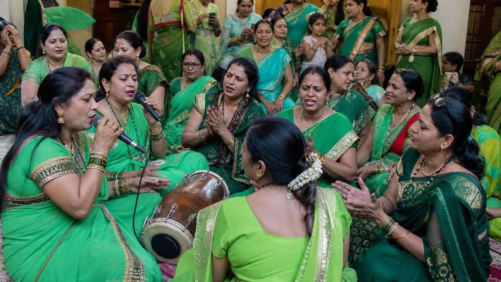 Women in green traditional dress singing kajri together during a Hariyali Teej event in Varanasi