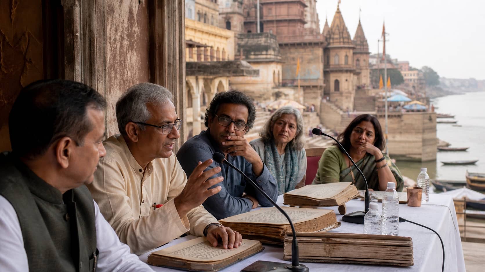 Scholars speaking at a literary seminar beside the historic Tulsi Ghat in Varanasi