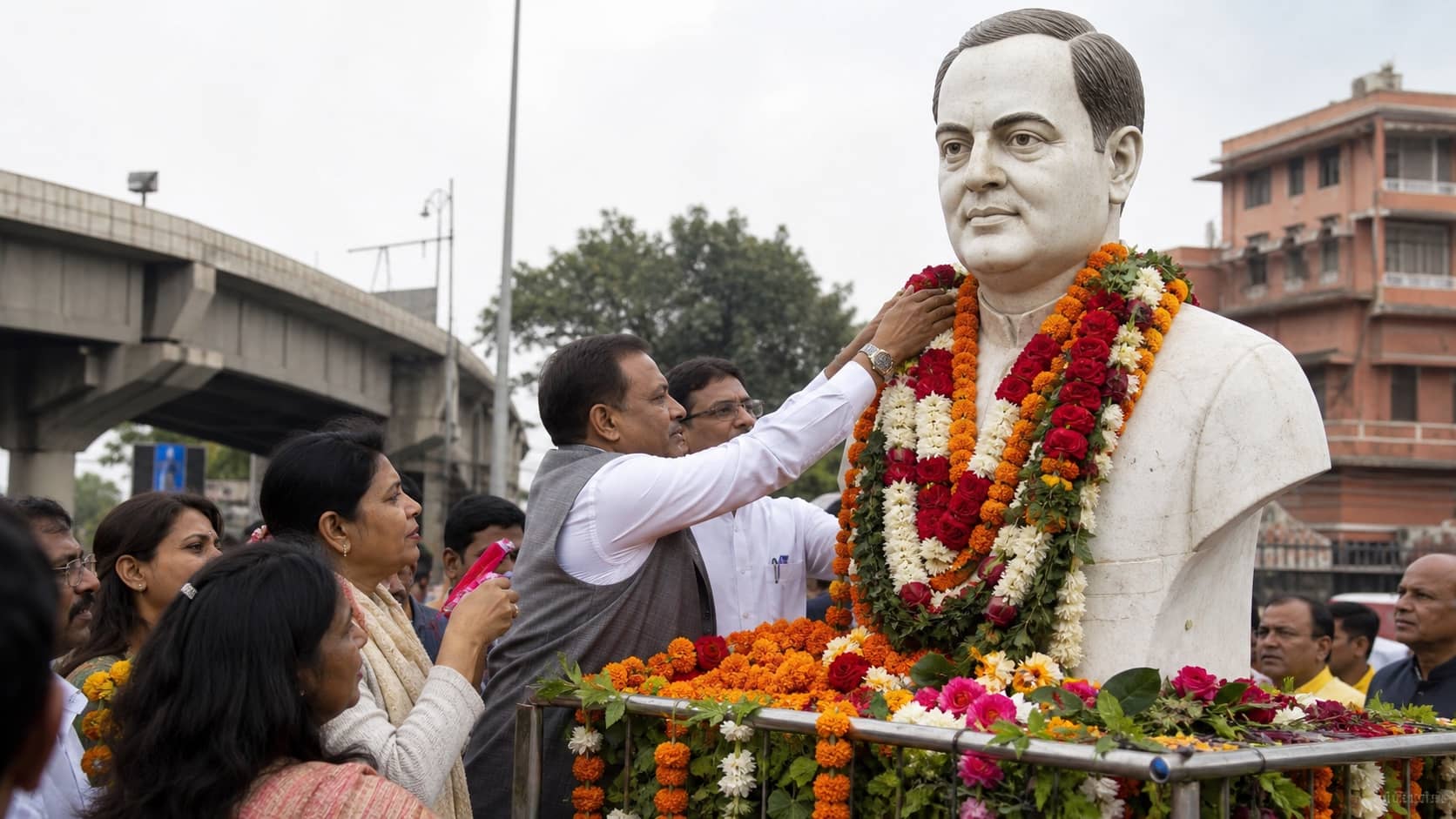 People placing flowers at the Rajiv Gandhi statue at Maidagin crossing in Varanasi