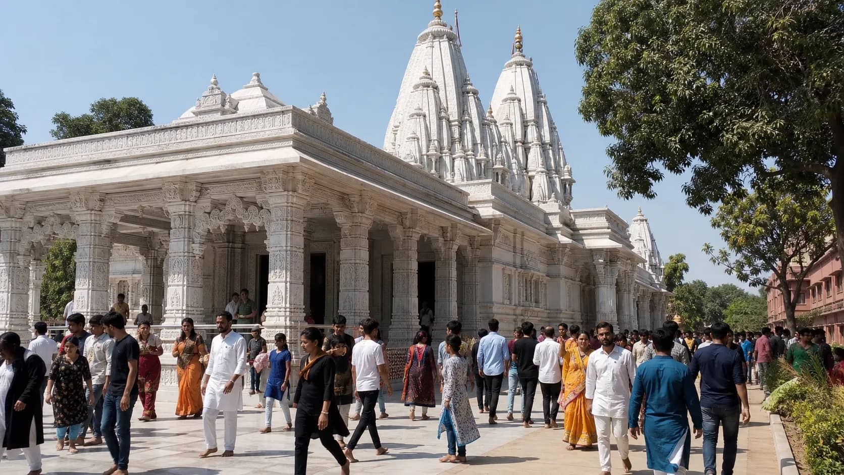 The white stone Vishwanath temple on the BHU campus in Varanasi with visitors walking outside