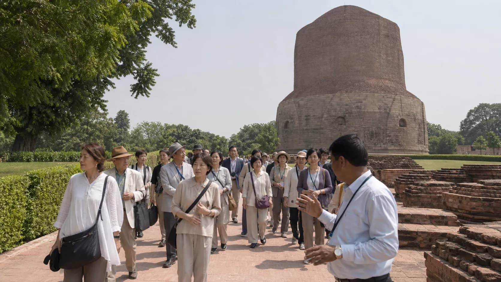 Japanese visitors walking near Dhamek Stupa at Sarnath outside Varanasi
