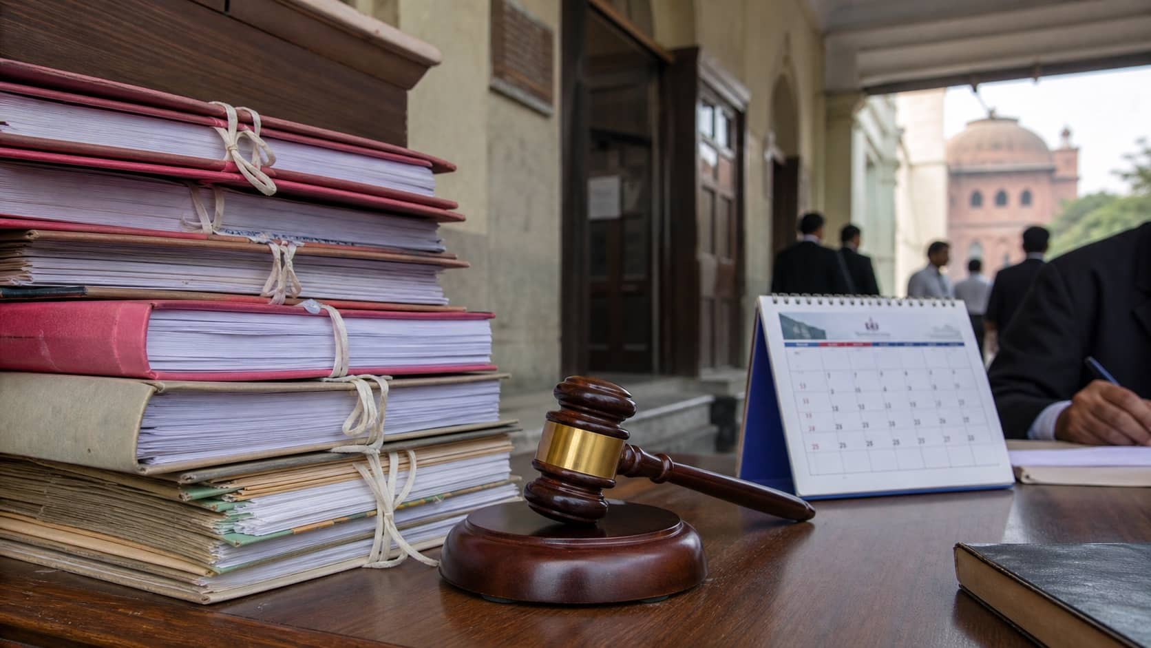 Case files and a September court calendar on a desk in Varanasi district court