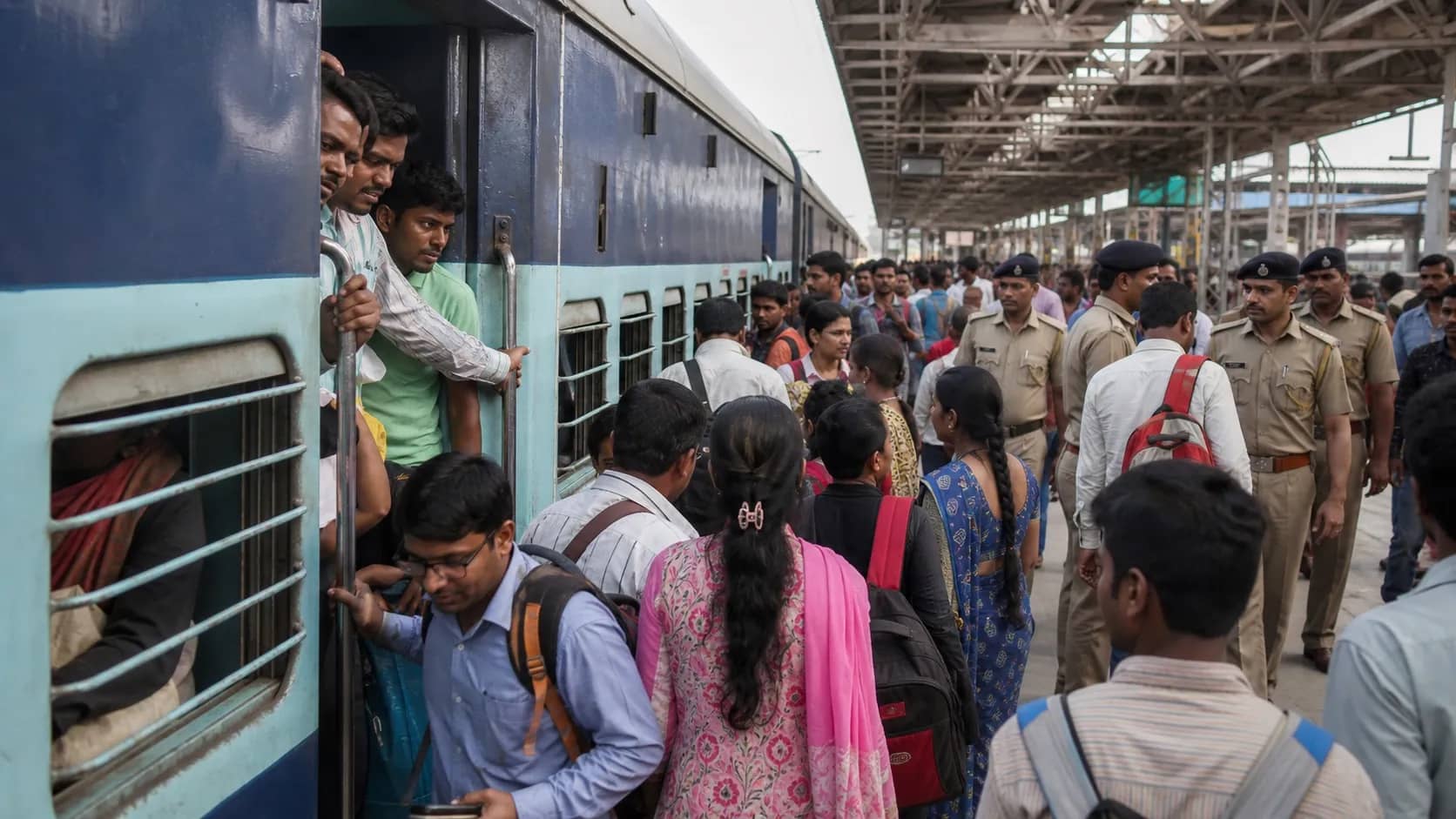 Crowded sleeper coach doorway at Varanasi railway station under security camera coverage