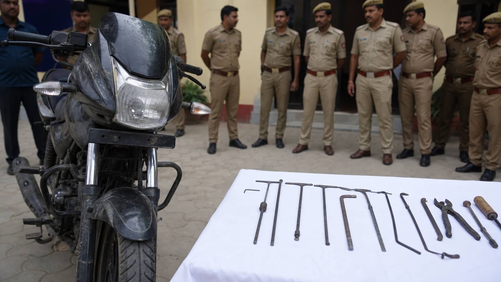Recovered motorcycle and metal lock-opening tools displayed at a Varanasi police station