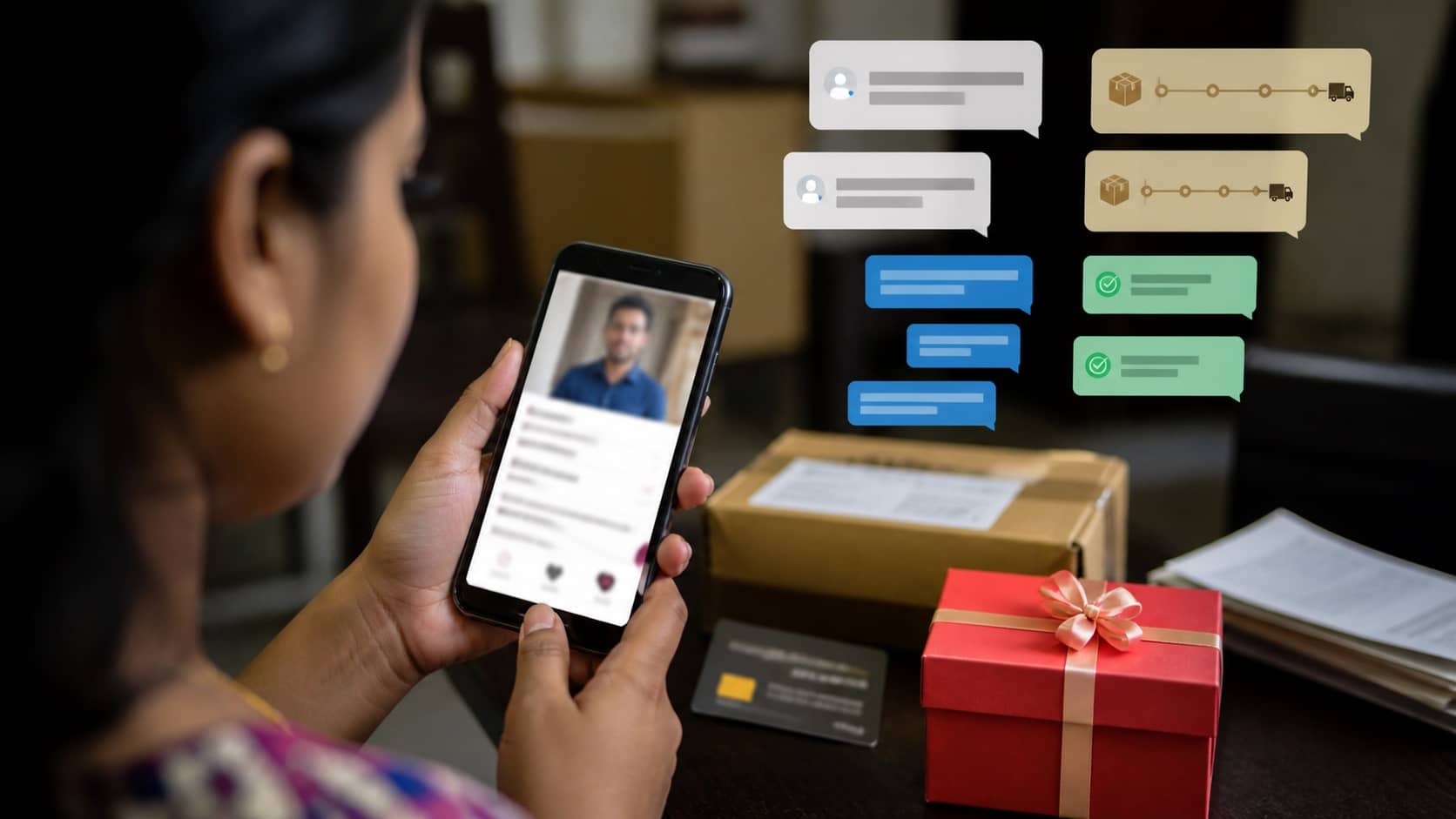 Smartphone showing a matrimonial profile beside fake parcel clearance messages and payment alerts