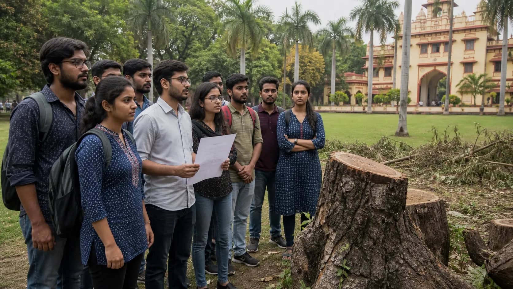 BHU students standing near tree stumps with a petition outside an administrative building
