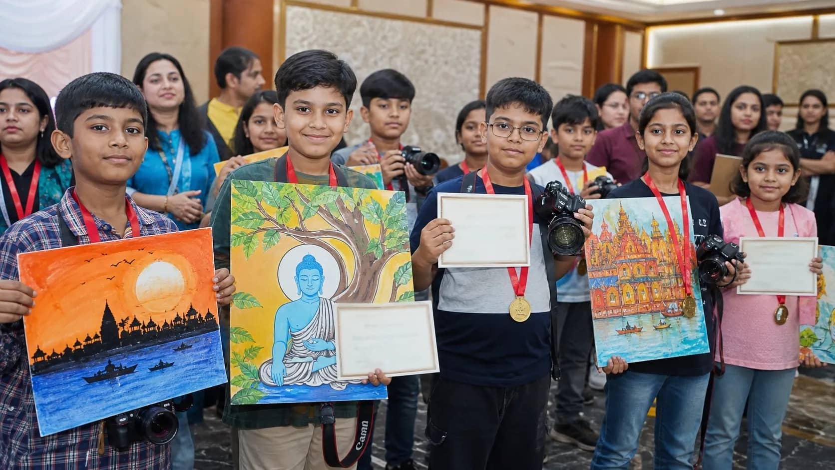 Schoolchildren holding paintings and medals at the Sigra sports complex in Varanasi