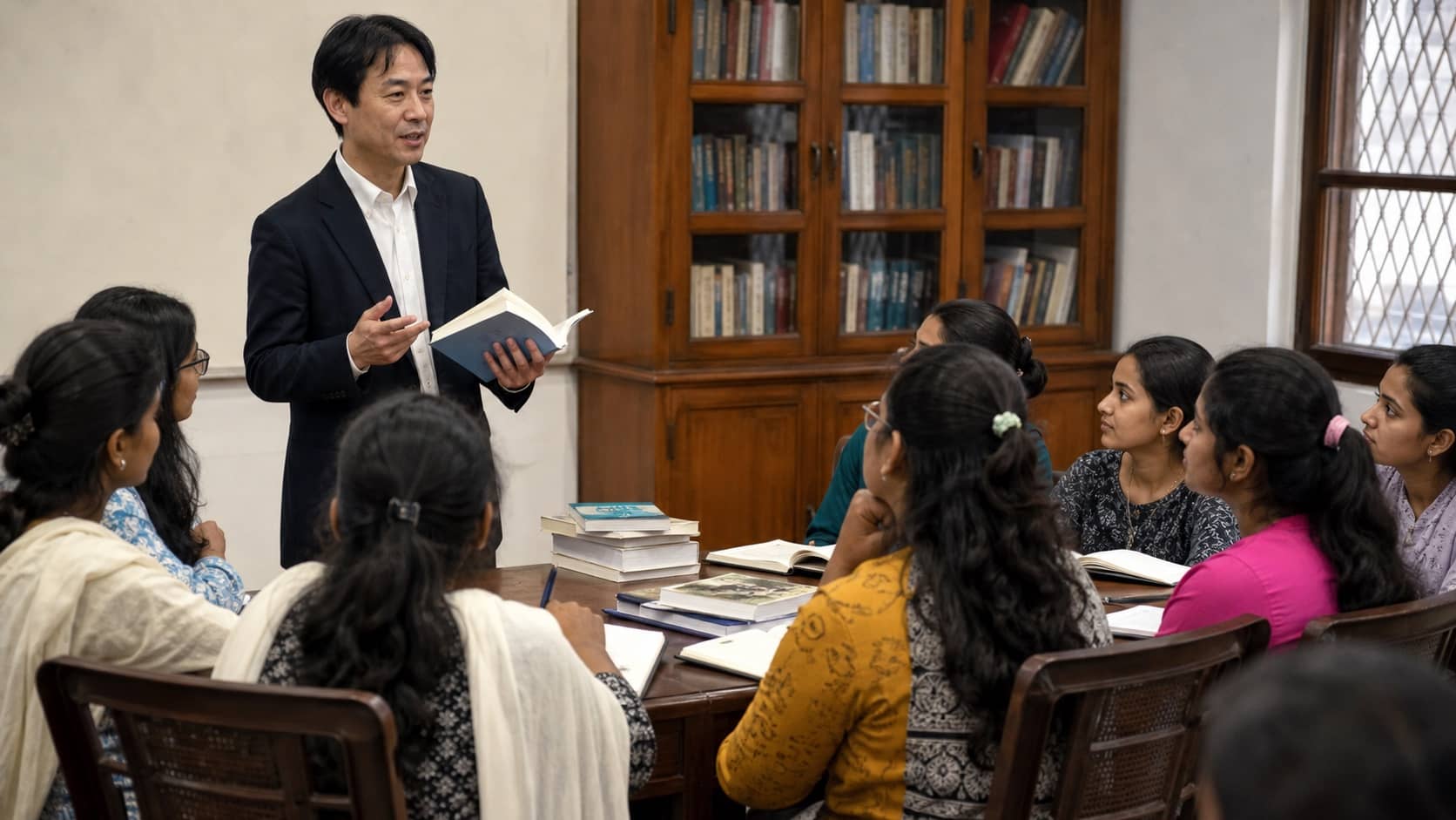 Visiting professor delivering a French literature lecture to students at Vasant Women’s College in Rajghat