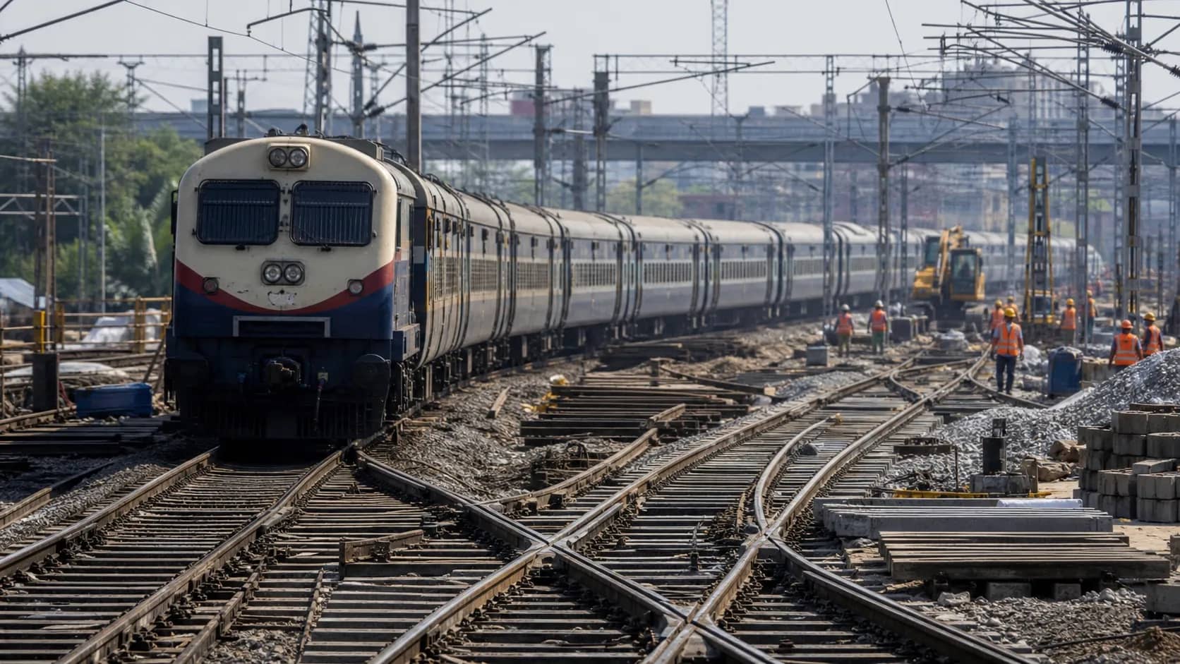 Passenger train passing railway points during major yard remodelling work in central India