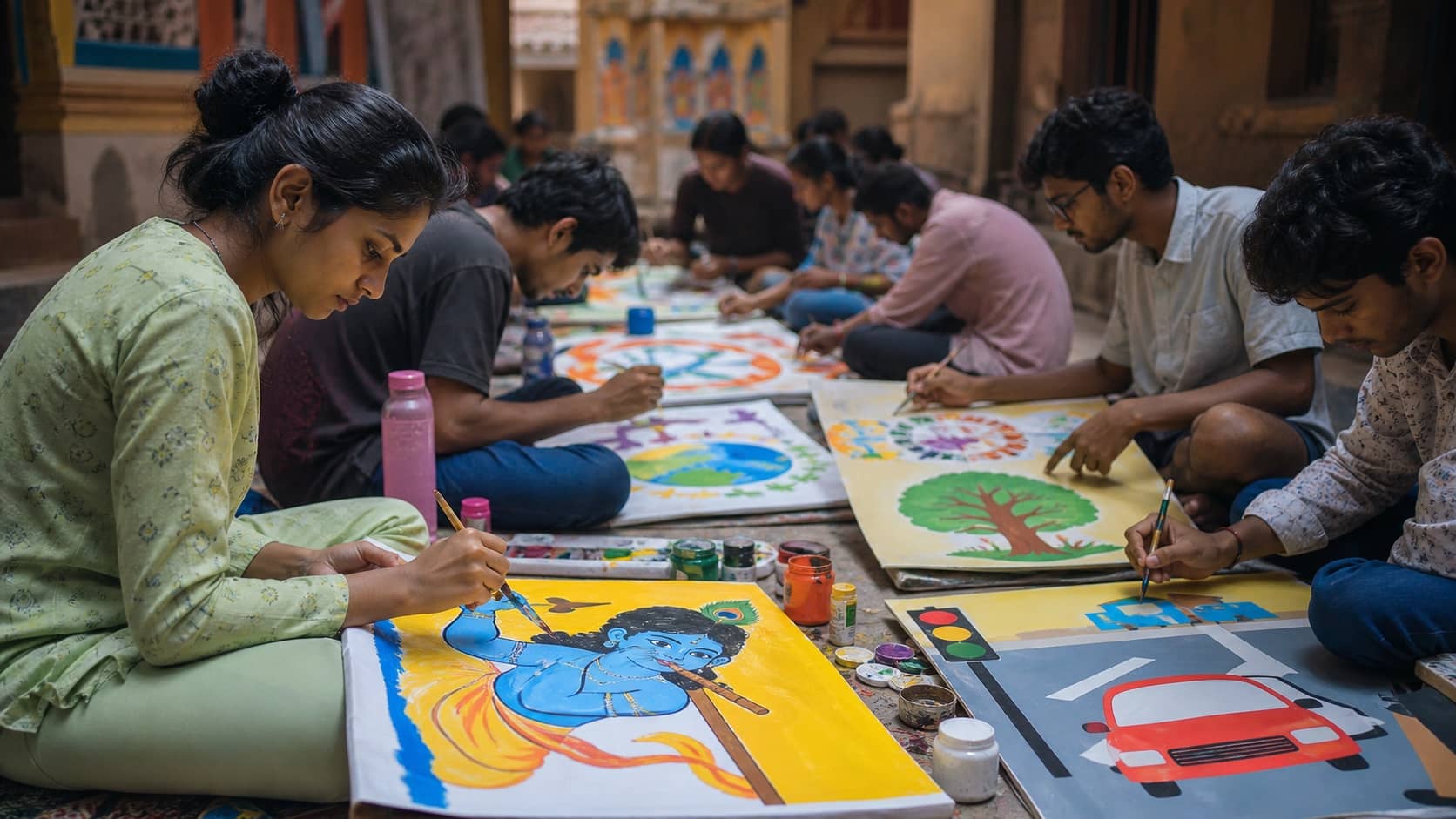 Young volunteers painting social-awareness placards for a Janmashtami procession in Varanasi