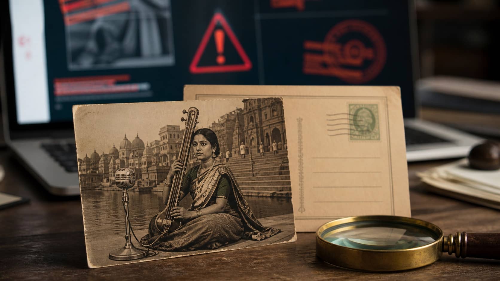 A picture postcard of a classical musician beside a magnifying glass and postal stationery