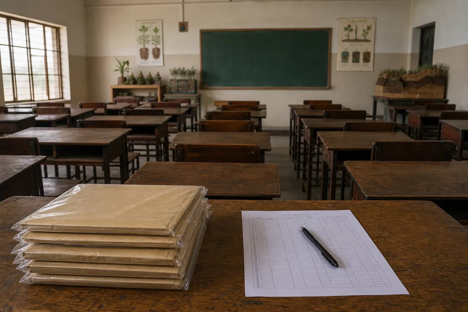 Empty agriculture college examination hall with sealed papers on a desk