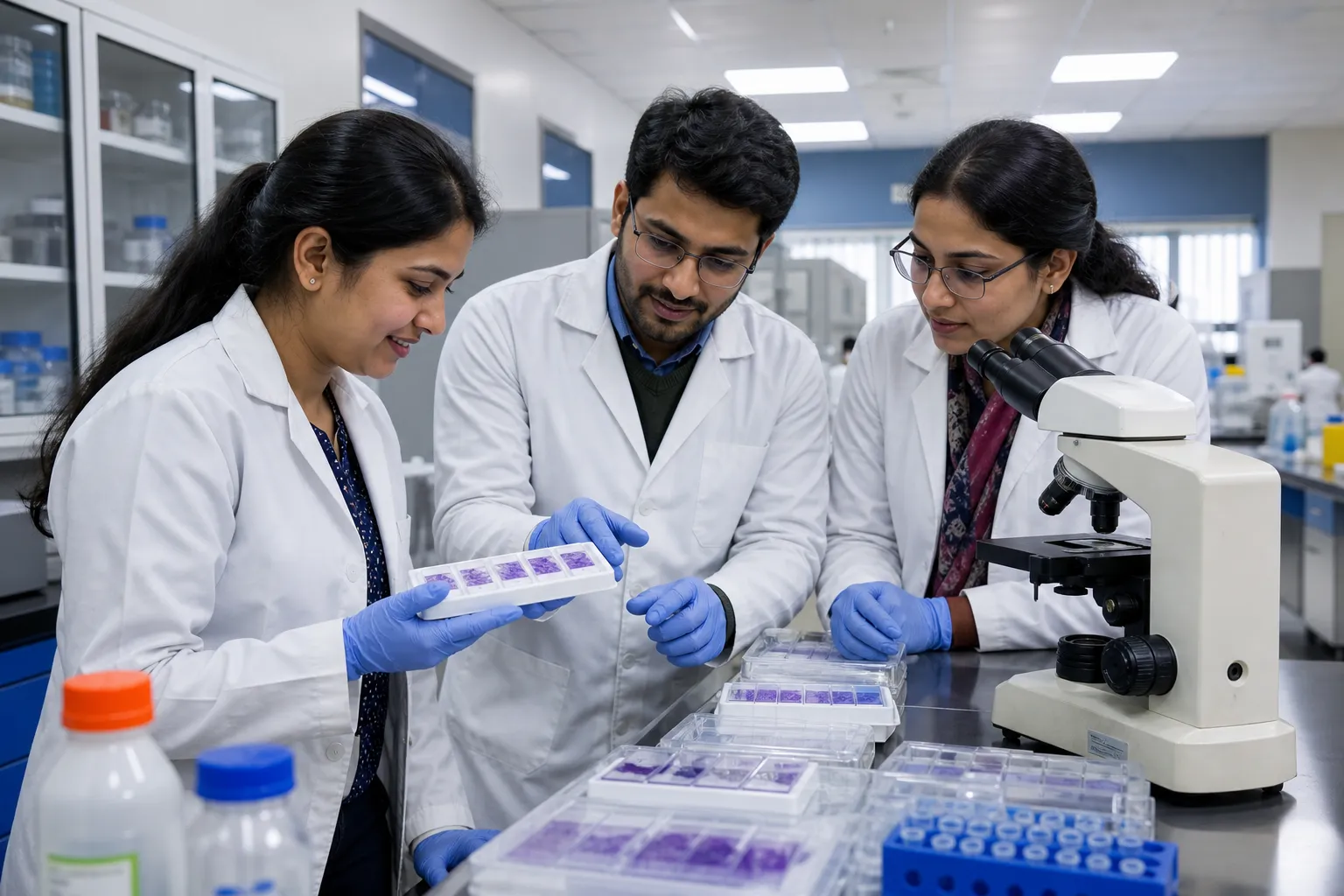 Indian biomedical researchers working with samples in a university laboratory