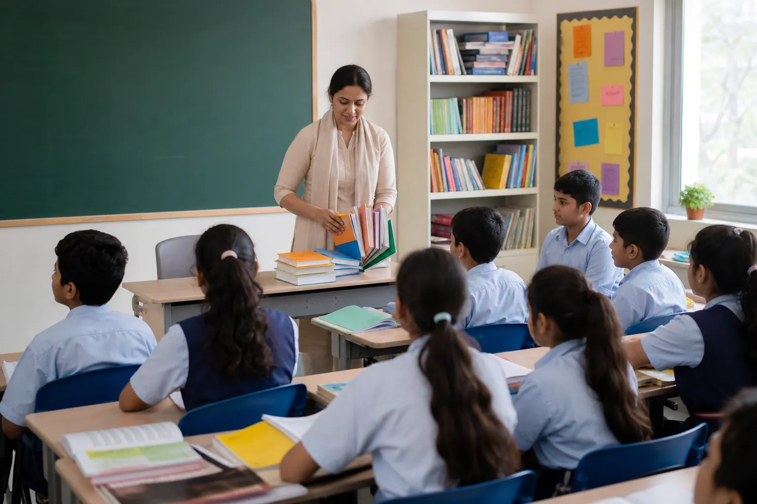 Multilingual classroom with Indian language books on students desks