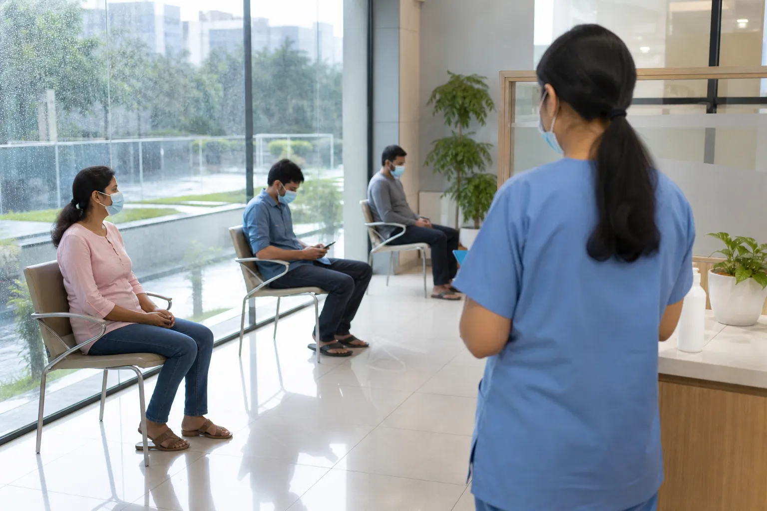 Masked visitors in a bright Gurugram clinic waiting area during flu season