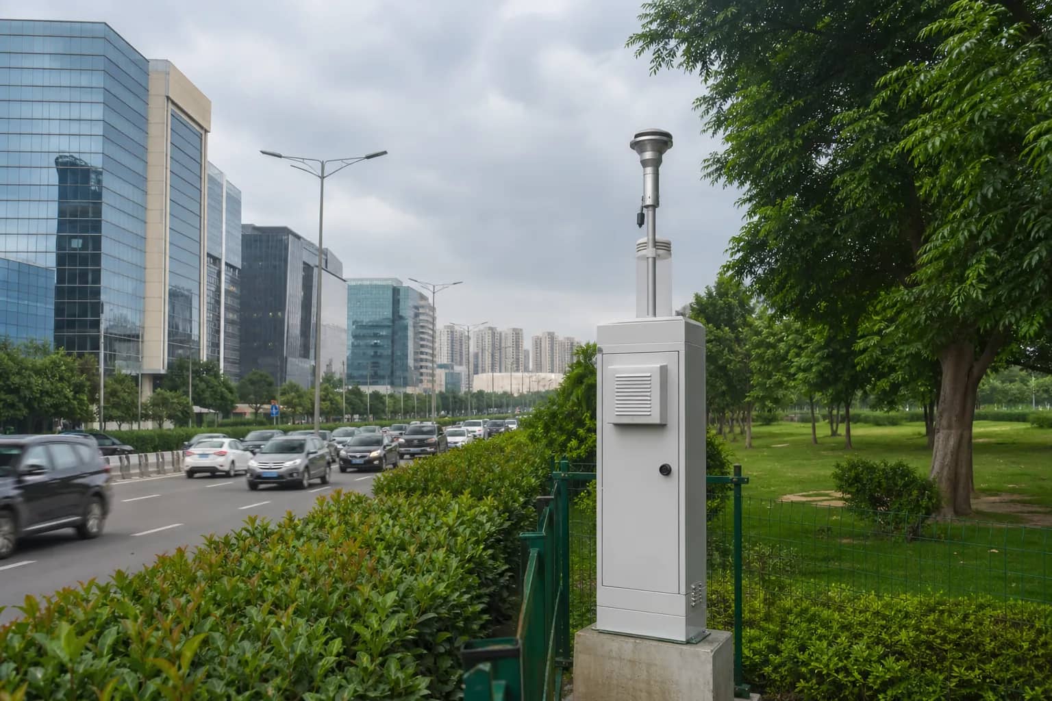 Air quality monitoring station beside a Gurugram road and green park