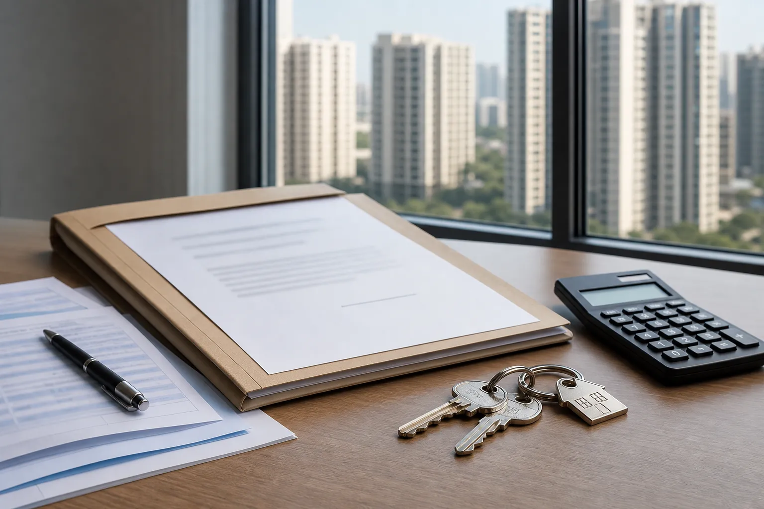 Apartment keys and property documents on a desk in Gurugram