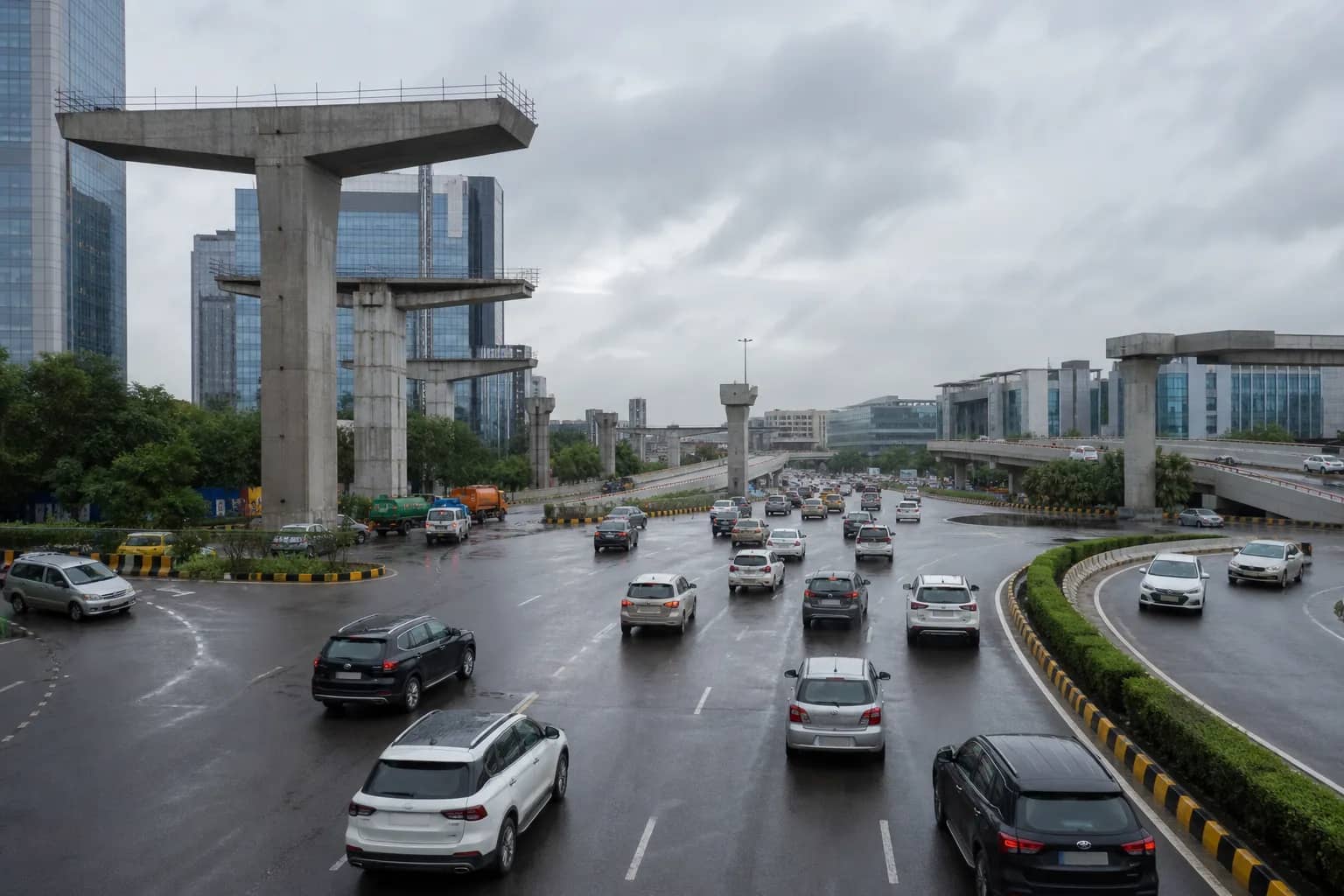 Traffic crossing Gurugram's Rajiv Chowk with flyover construction concept