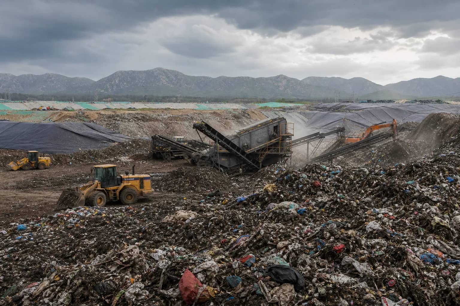 Heavy machinery processing old waste at Bandhwari landfill near Gurugram