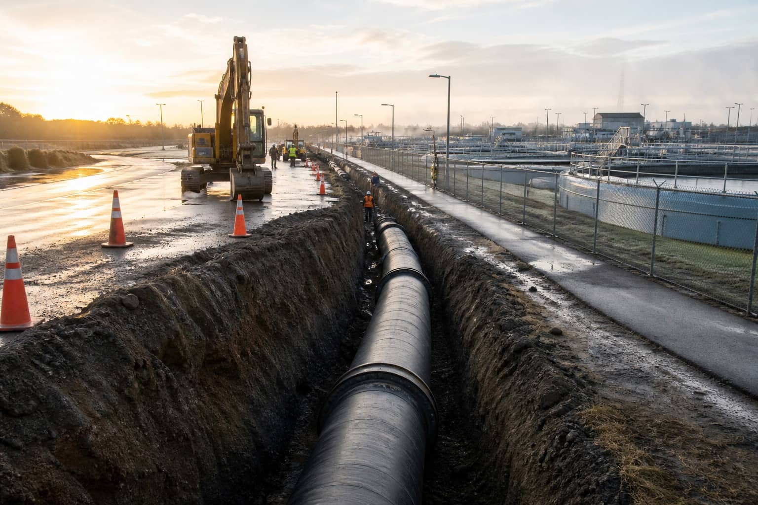 Large municipal water pipeline and valve works near an urban water treatment facility