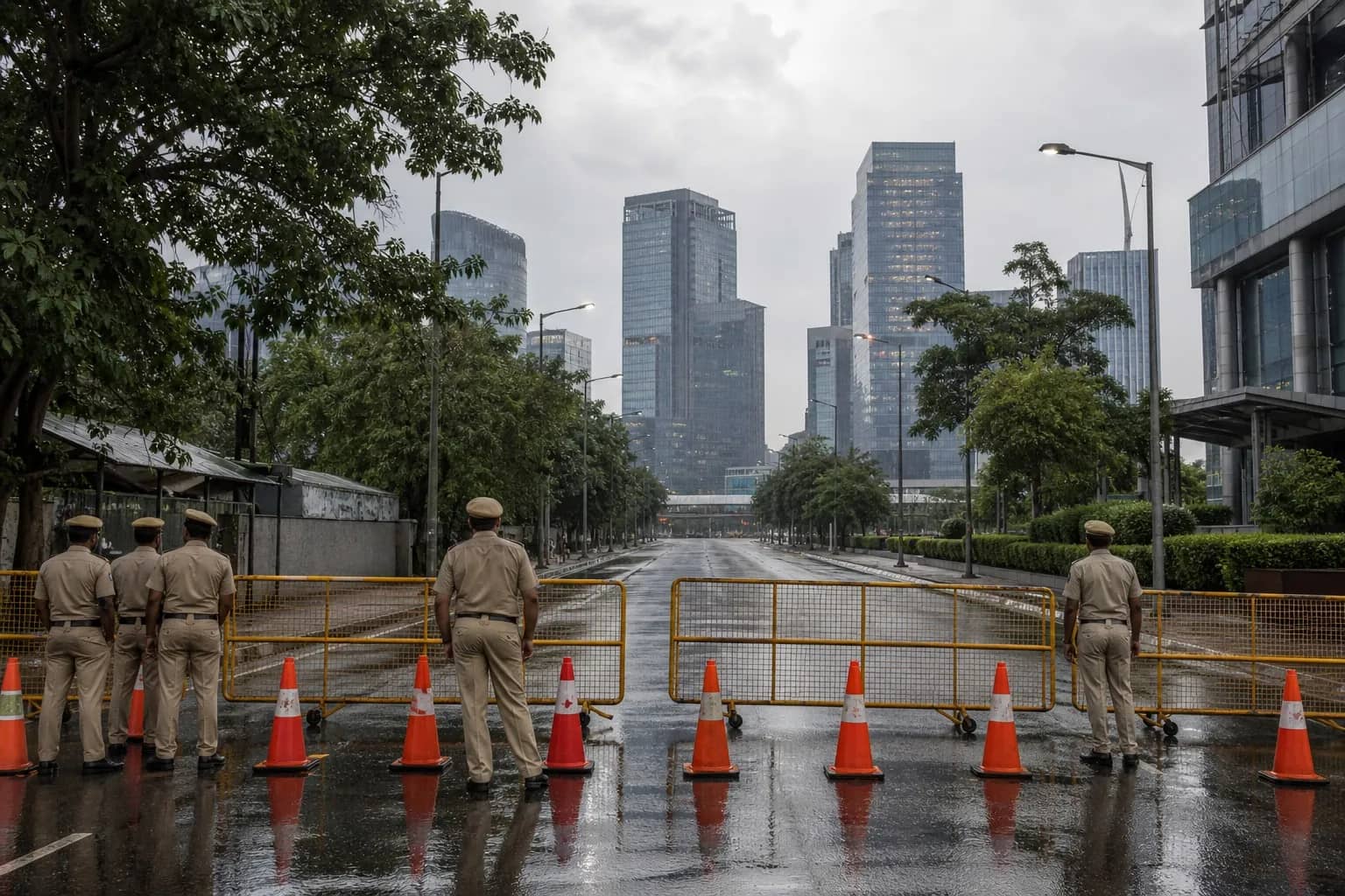 Gurugram police officers outdoors near a city road with official vehicles in the background