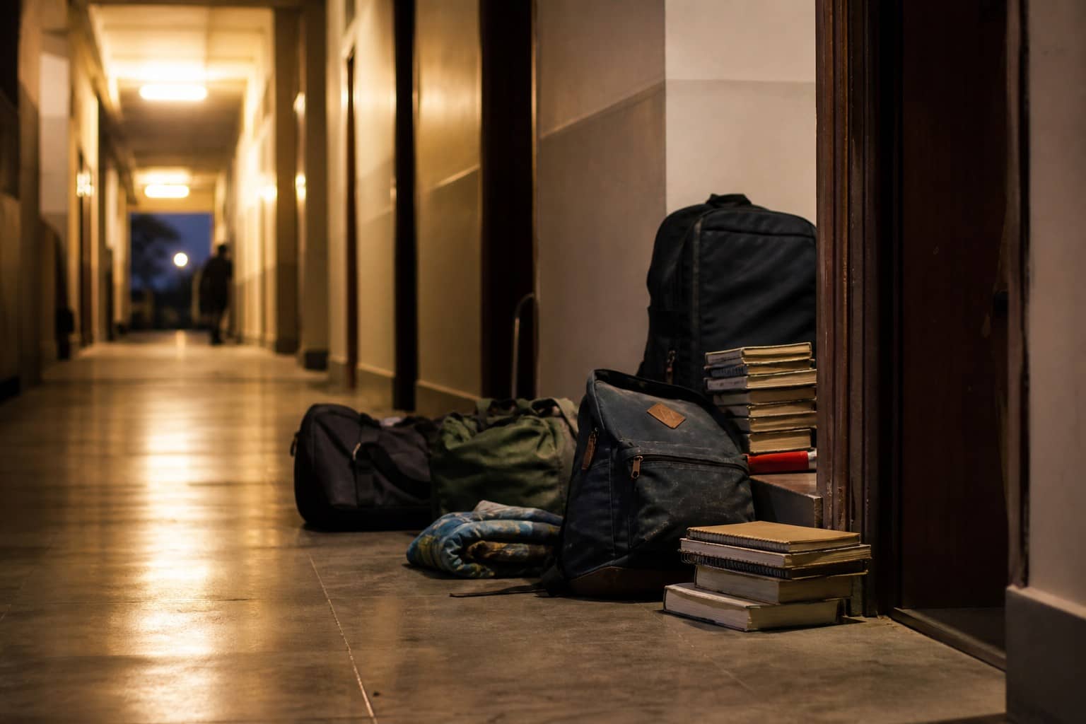 Illustrative campus hostel corridor graphic with packed bags motif for BHU Birla A sit-in