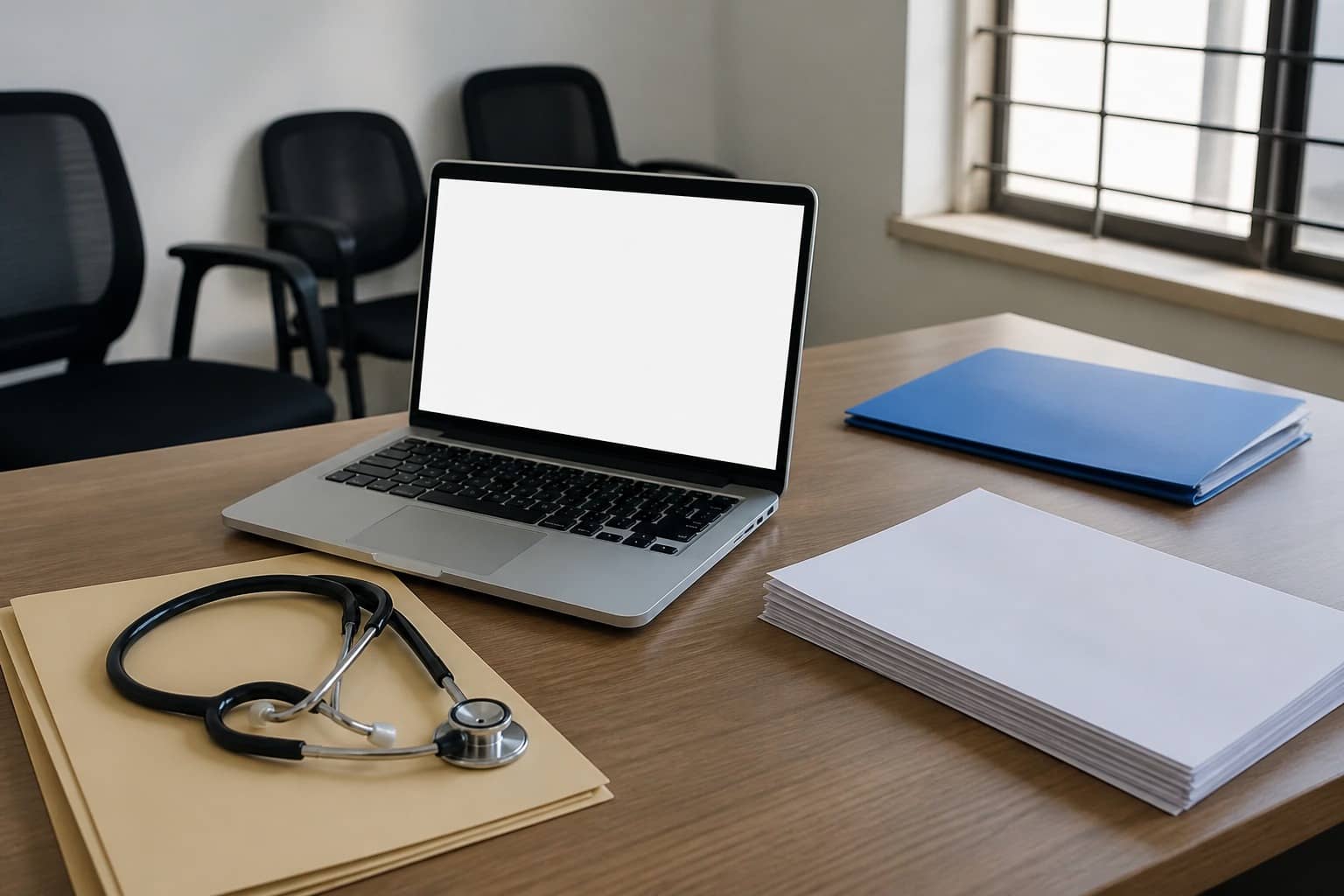 Representational illustration of medical counselling documents and a laptop on a desk in an Indian academic setting