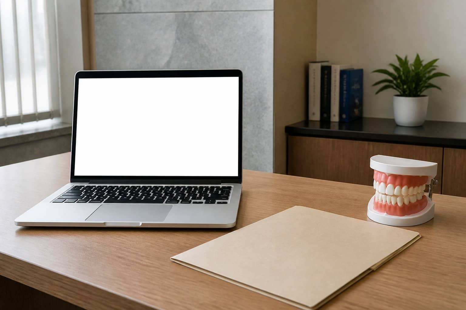 Representational illustration of a postgraduate dental counselling workspace with forms and a laptop in an Indian college office