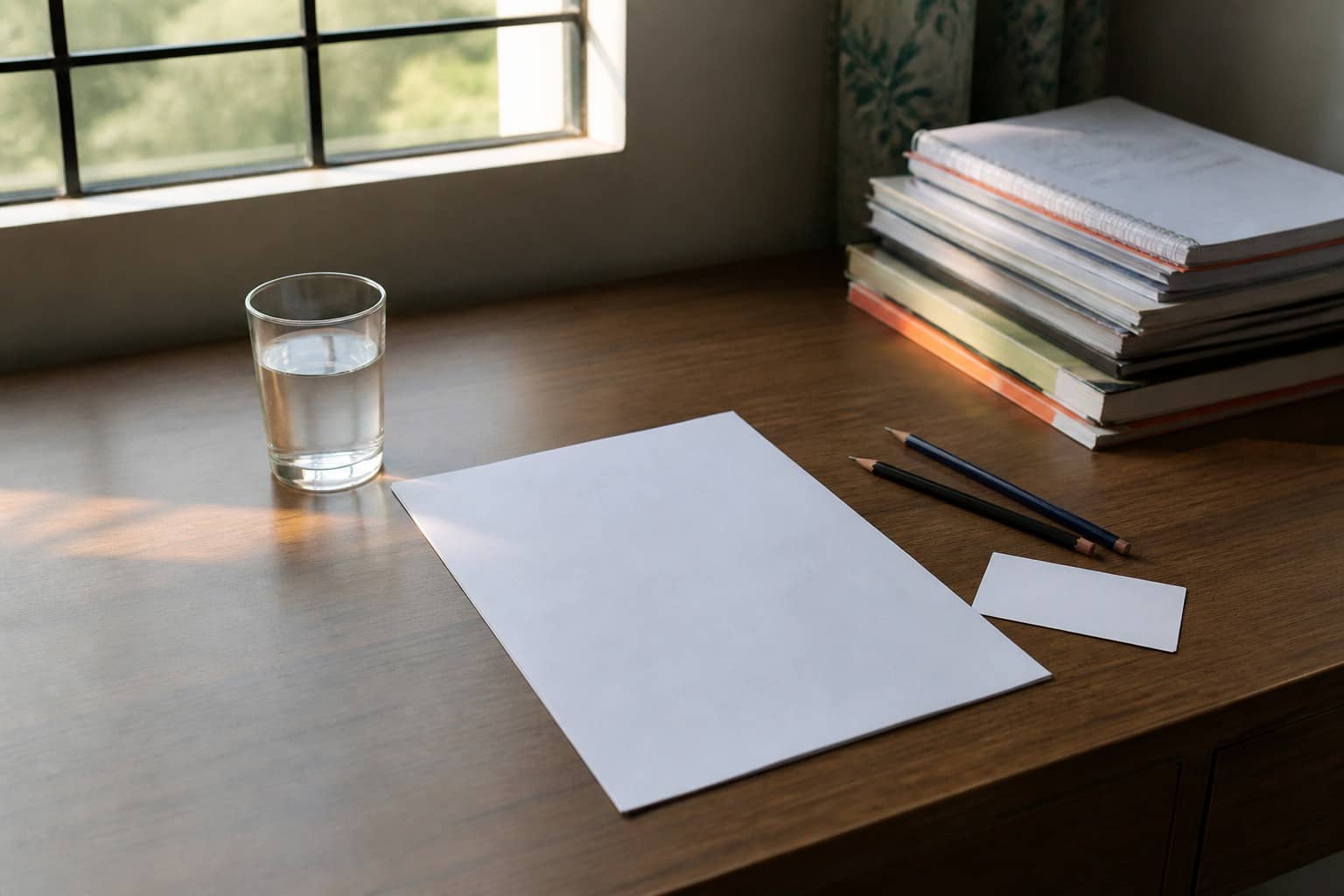 Representational illustration of a primary-school teacher recruitment form and admit-card folder on an Indian study table