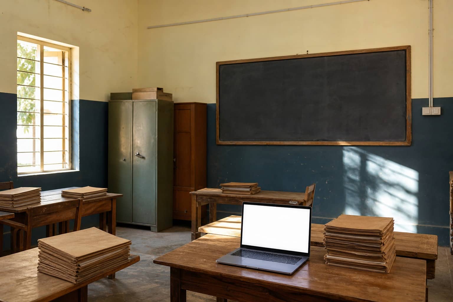 Representational illustration of a Karnataka government school classroom desk with teaching application papers and a laptop