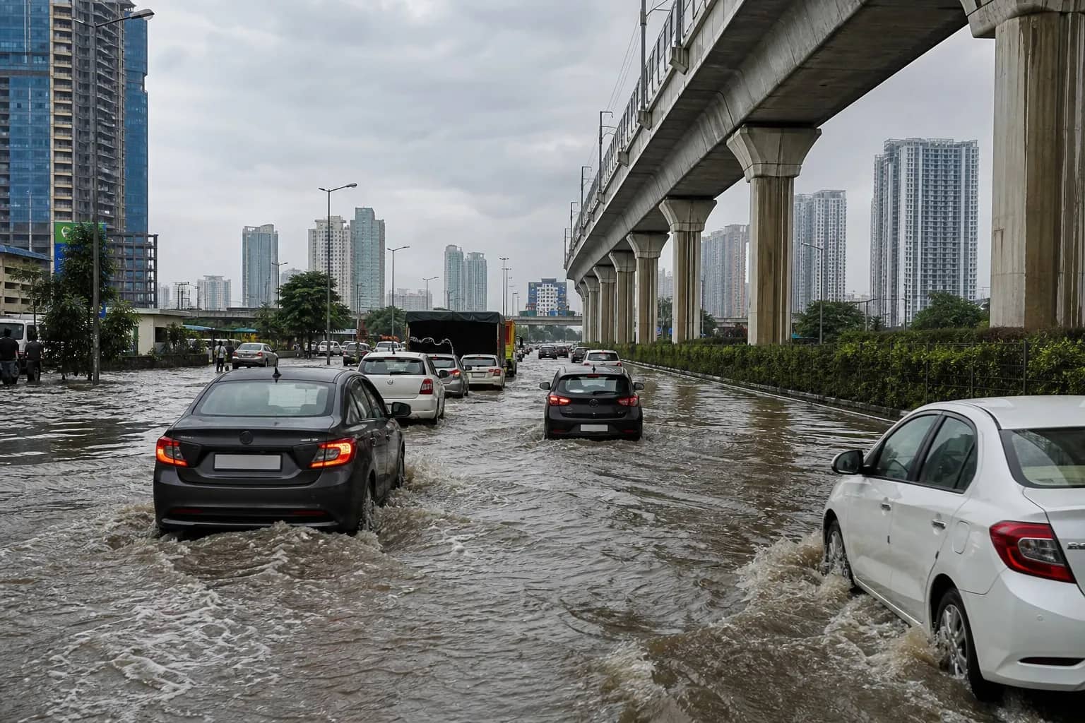 Waterlogged urban arterial road with reduced carriageway after heavy rain in Gurugram