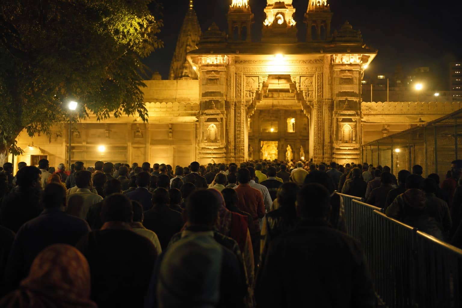 Illustrative view of Kashi Vishwanath corridor crowd barricades with devotees as anonymous silhouettes