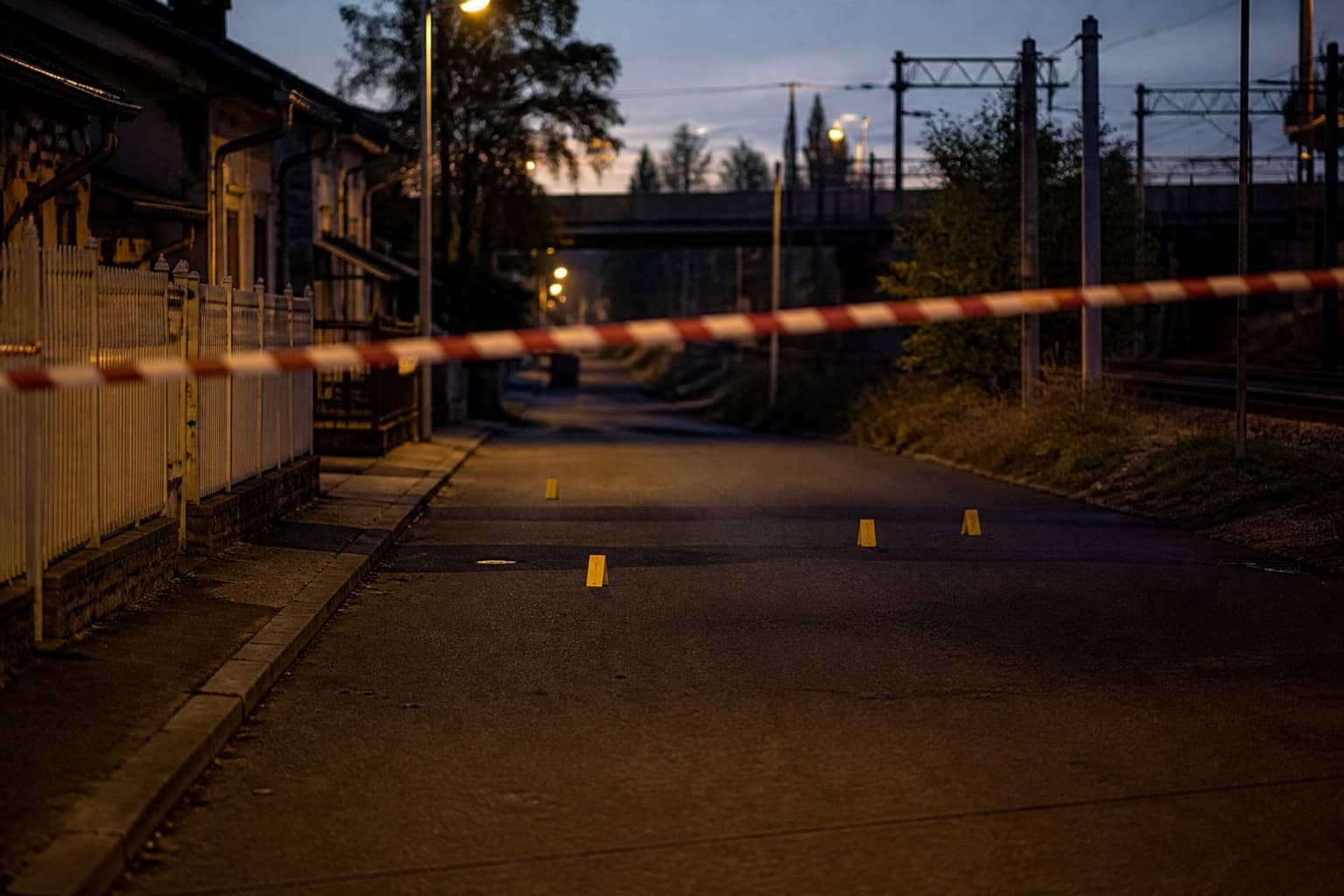 Illustrative police investigation motif of a cordoned lane near railway quarters at dusk