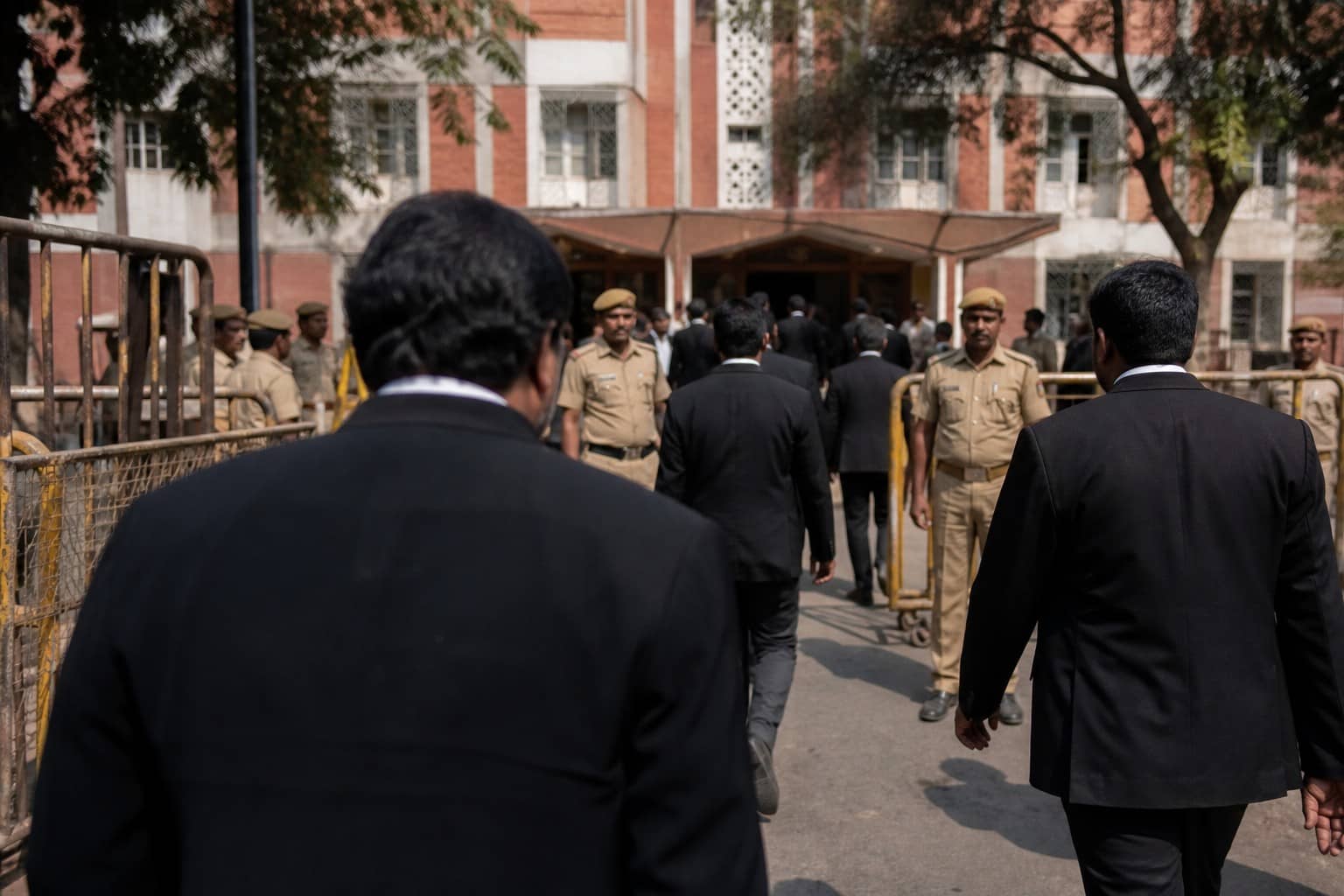 Illustrative courthouse steps graphic with folded memorandum papers for Banaras Bar Association protest