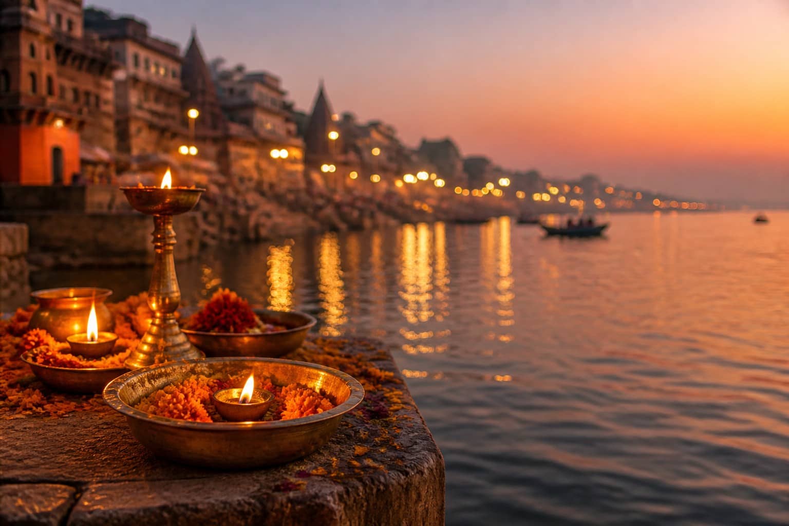 Illustrative split motif of Goa church-temple silhouette beside a Varanasi ghat skyline