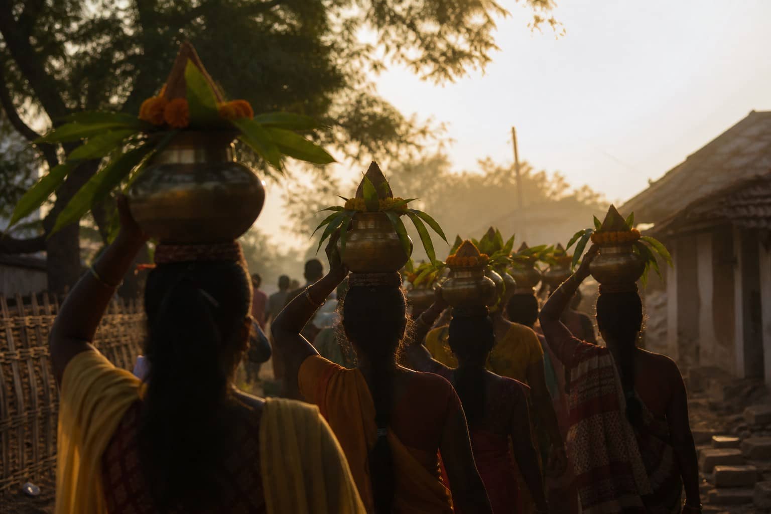 Illustrative saffron kalash procession on a Varanasi lane toward a temple spire
