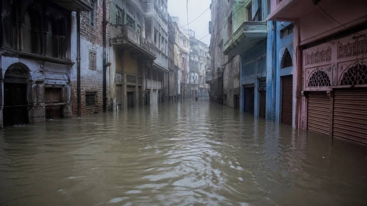 Illustrative photorealistic view of monsoon floodwater standing in a low-lying residential lane with brick houses and still brown water