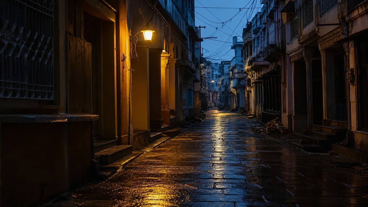 Illustrative photorealistic view of a quiet wet residential lane at dusk with streetlamp glow, no people, no caution tape, no readable lettering
