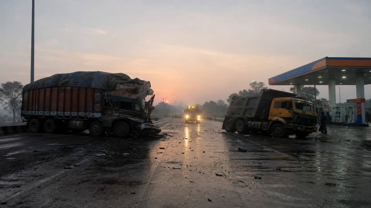 Illustrative dawn highway scene near a petrol pump canopy with two commercial trucks after a collision, no readable plates or signs