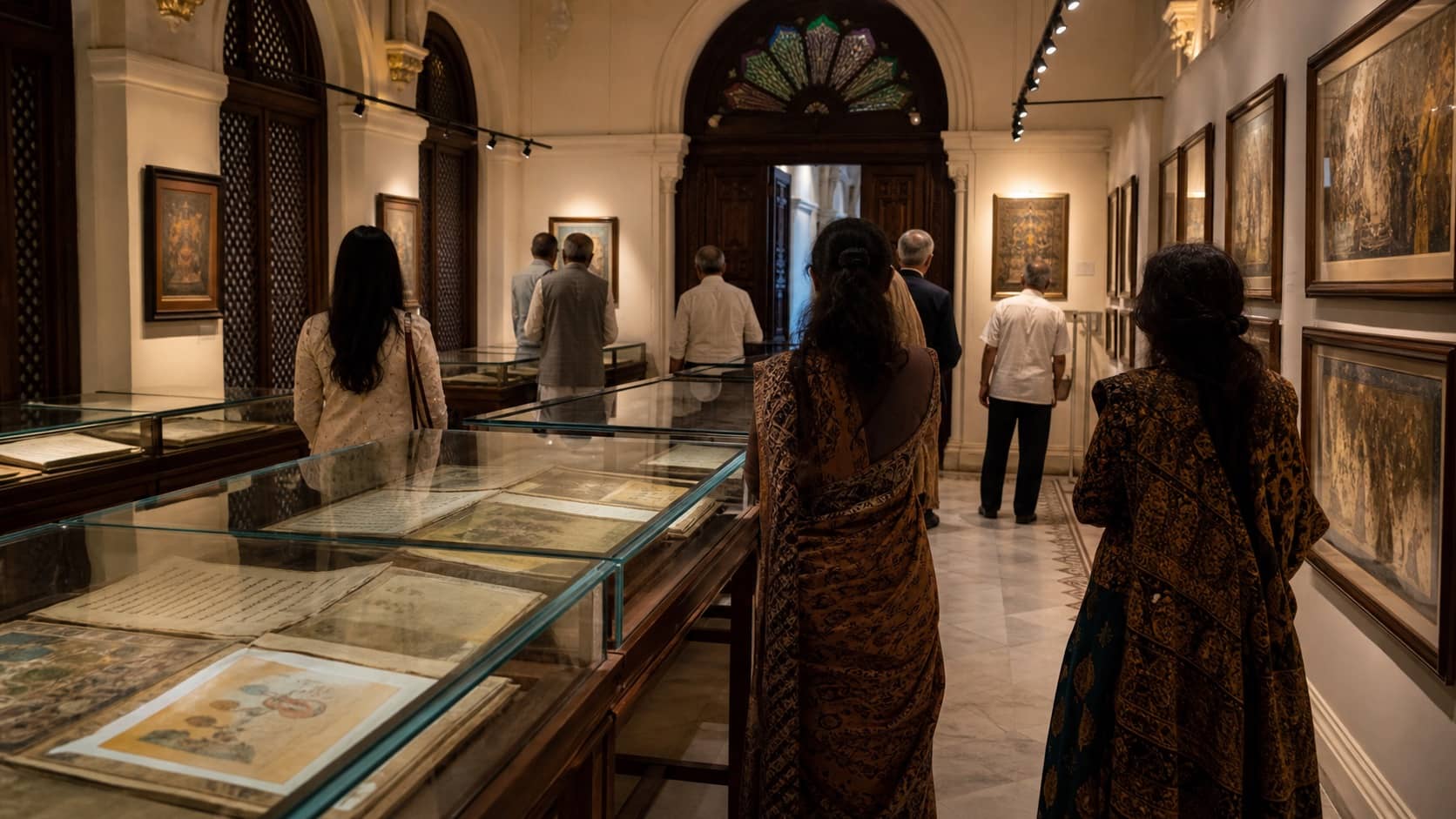 Visitors viewing manuscript displays inside a heritage gallery