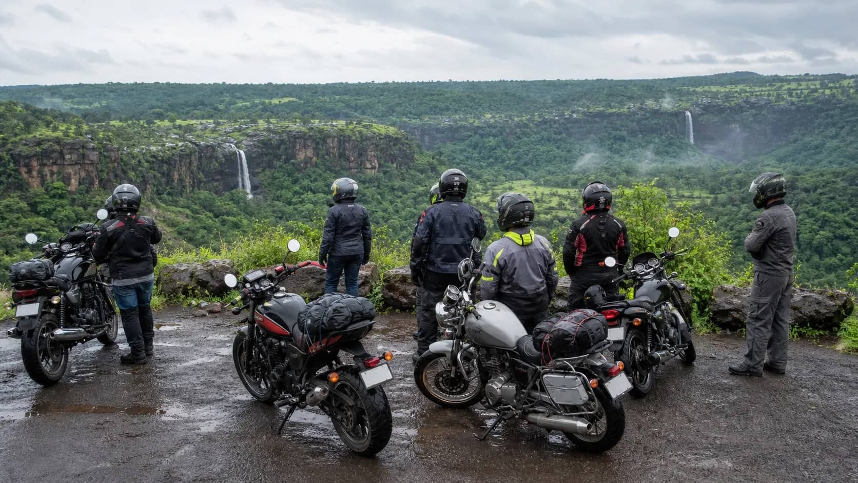 Motorcyclists travelling on a green rural road near Varanasi