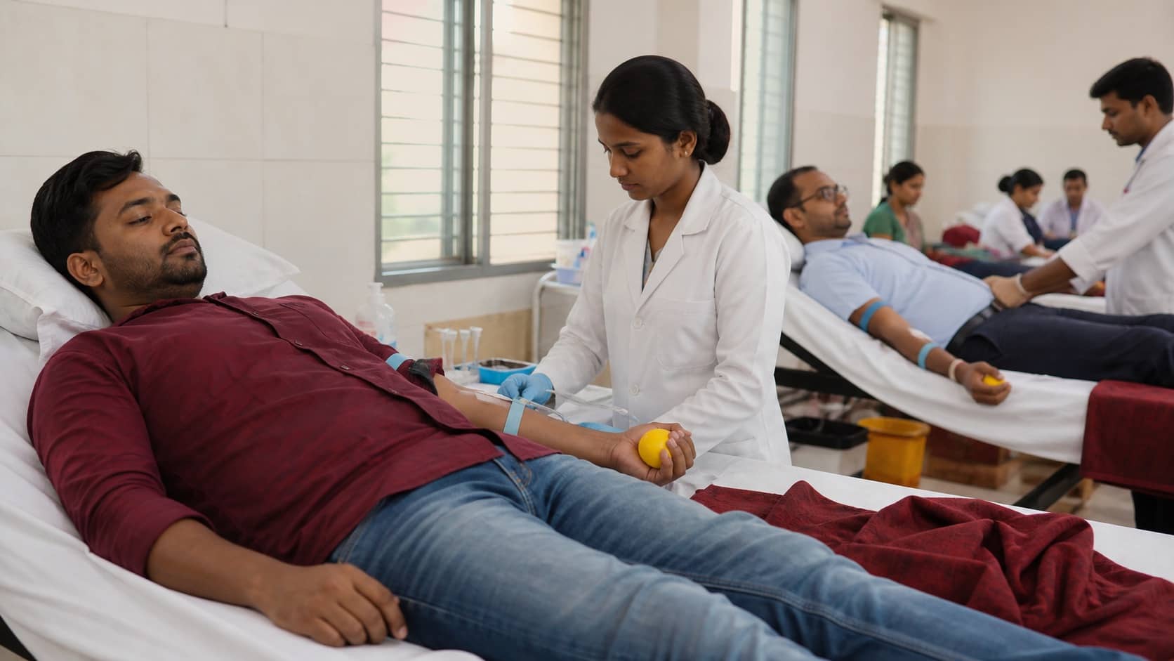 Volunteer donating blood at a supervised community health camp
