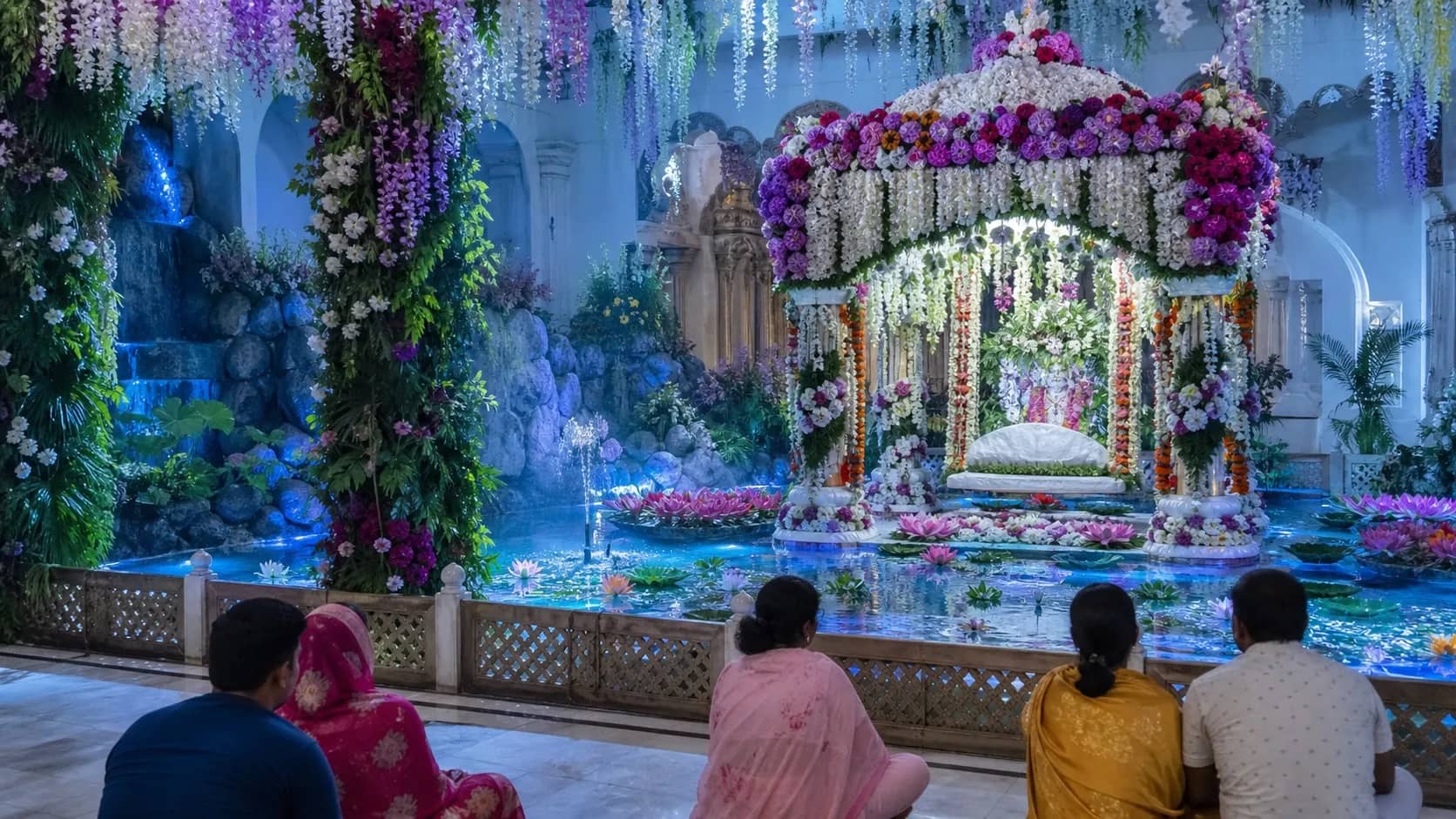Temple courtyard decorated with flowers, lotus and an artificial lake