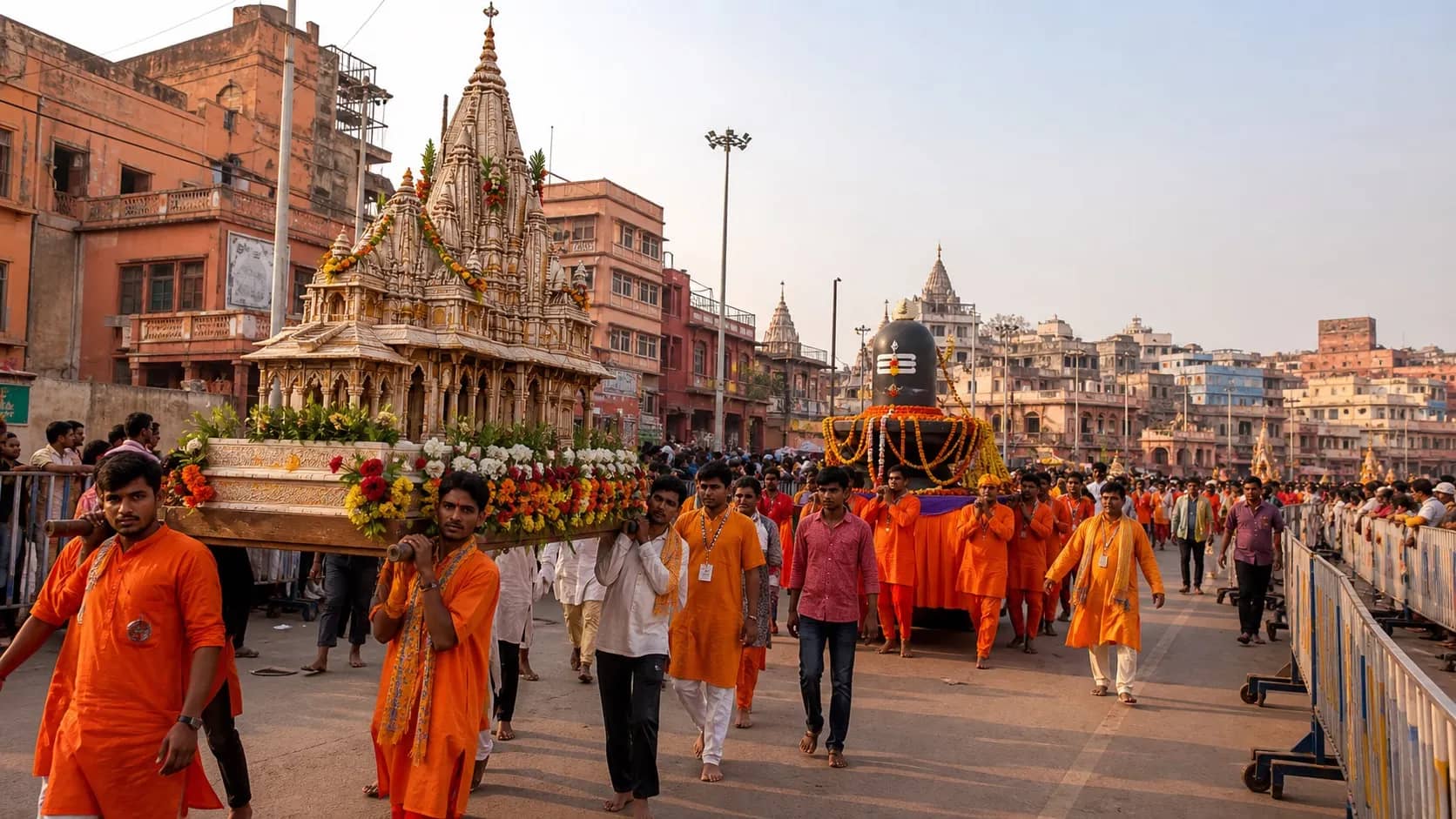 Devotional procession carrying a temple model and Shiva tableau