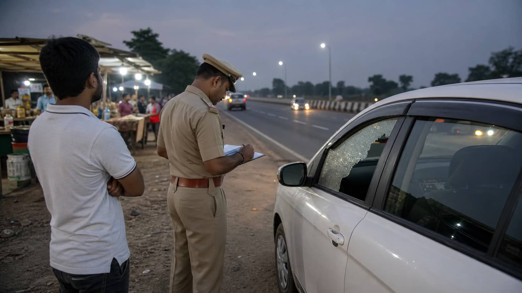 Damaged vehicle parked beside a highway police outpost at night