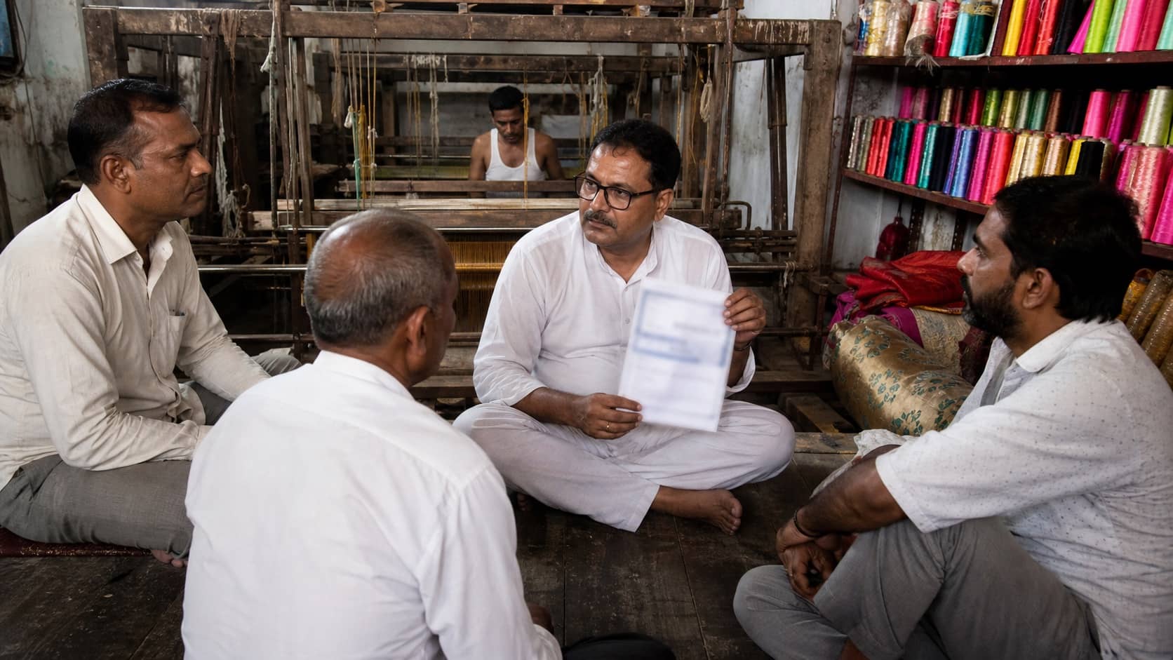 Banarasi weavers discussing an electricity bill beside a handloom