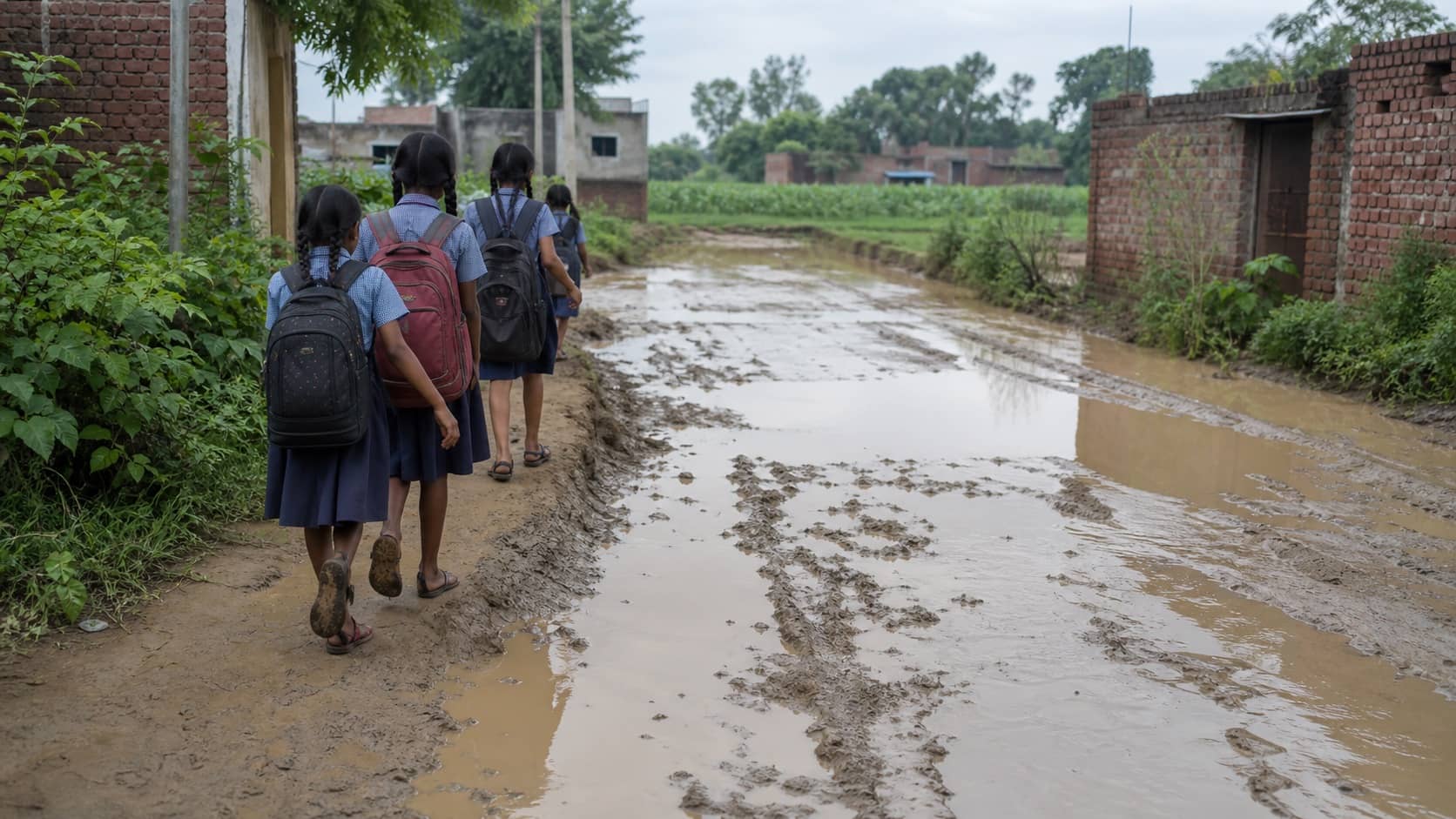 Schoolchildren carefully walking along a muddy rural lane